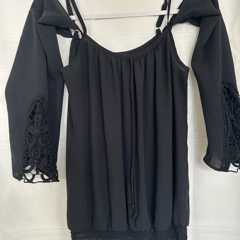 BCX Elegant Black Blouse with Crochet Sleeves
